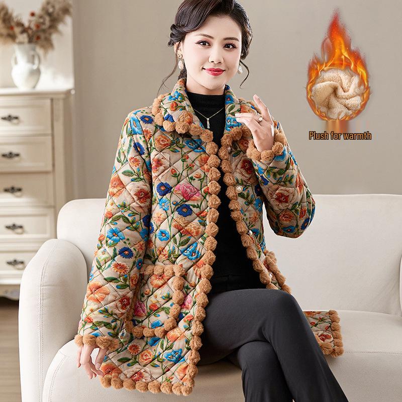 2025 Winter Stylish Floral Velvet-Lined Mid-Length Cotton Coat for Women - Elegant and Warm Autumn/Winter Outerwear
