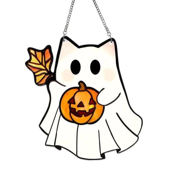 Halloween Cute Ghost Suncatcher Stained Glass Style Acrylic Window Hanging Ghost Light Catcher for Window Wall Decor