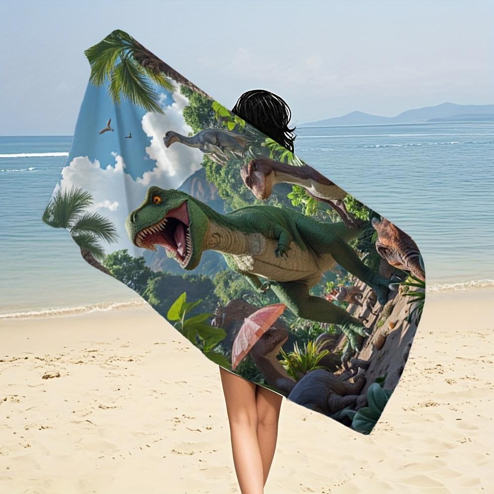 Scena da Spiaggia con Dinosauro Giocoso Asciugamano da Bagno in Microfibra Leggero Asciugatura Rapida Miscela Ultra-Morbida Avventura Preistorica Vivace