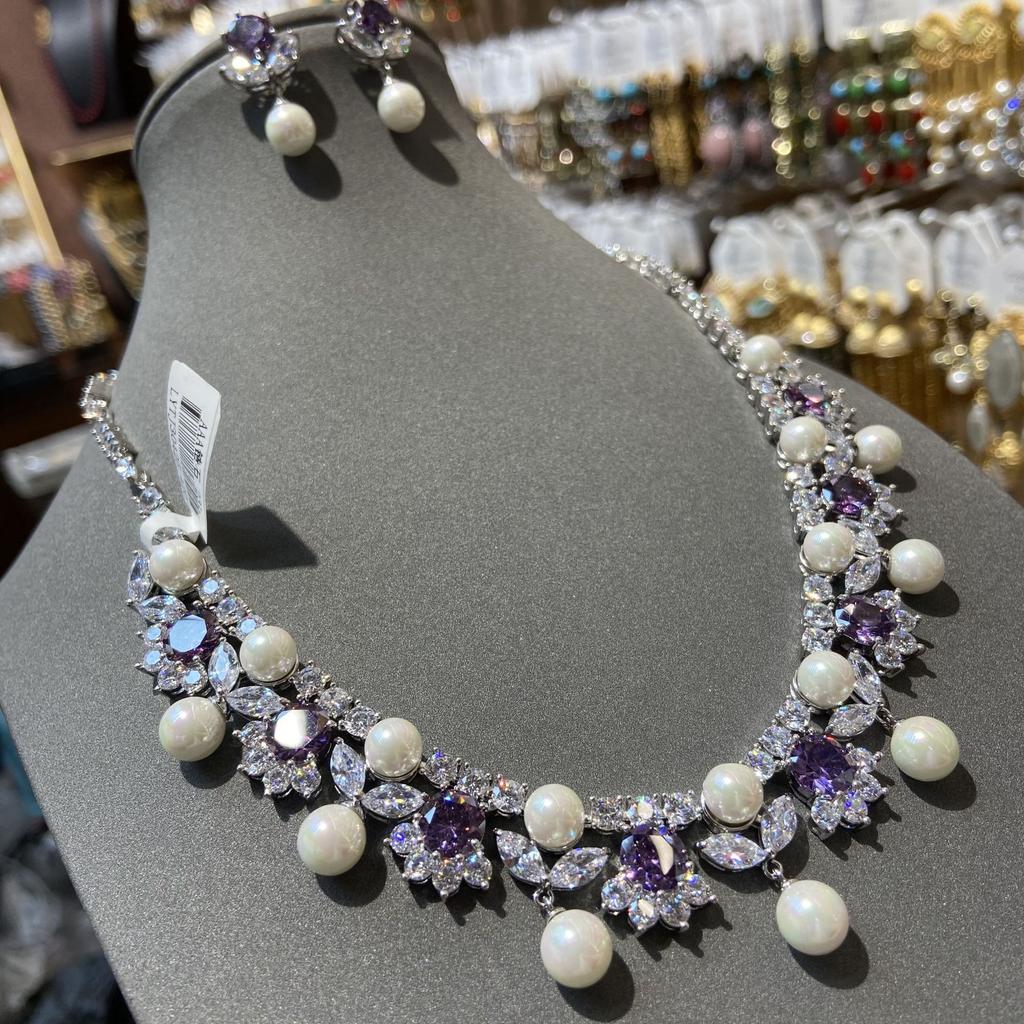 Purple Crystal Zircon Necklace Full Diamond Flower Earrings Banquet Exquisite Accessories Bridal Accessories Set