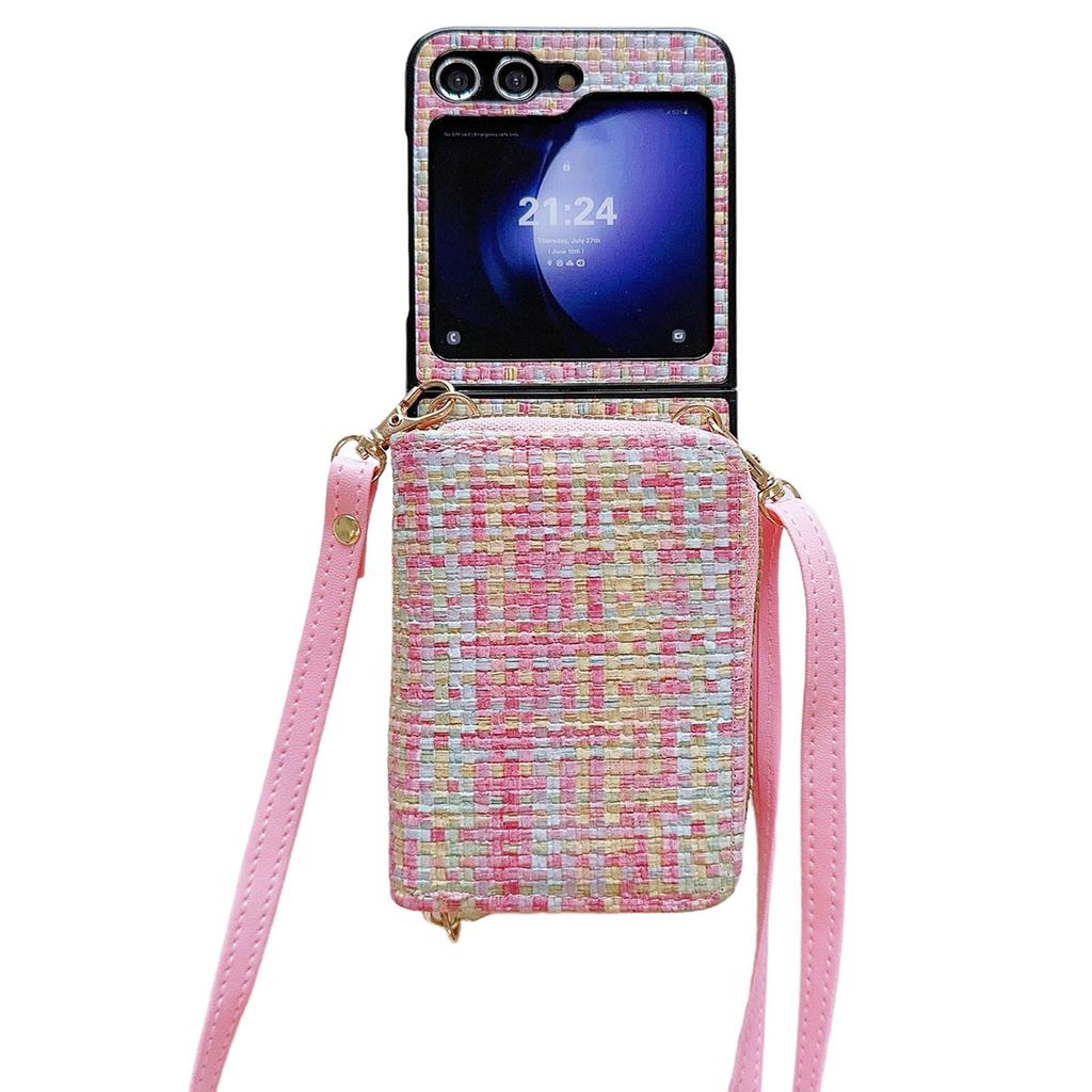 For Samsung Galaxy Z Flip5 5G Phone Case Card Bag PU Leather+PC Cover with Crossbody Strap
