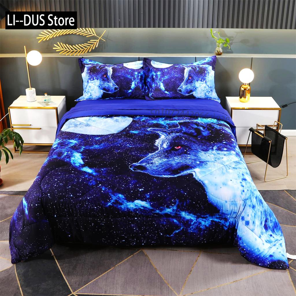 Galaxy Wolf Duvet Cover Set Full Size Bedding Set for Boys Girls Wolf Head Printed Duvet Cove Set 1 Quilt Cover 2 Pillowcases