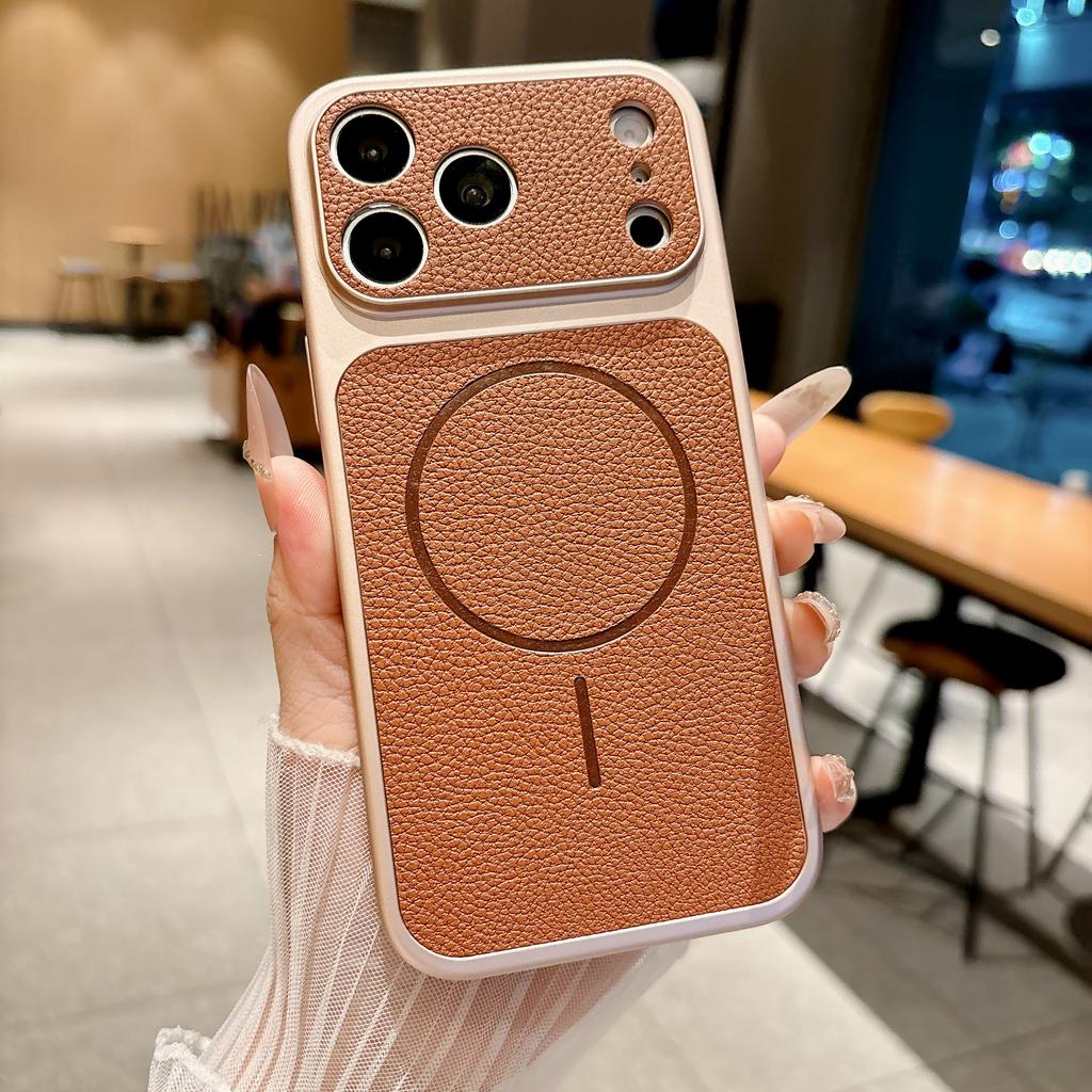 ForMagsafe Litchi Texture Leather Magnetic Case For iPhone 17 Air 16 15 14 13 Pro Max Frosted Large Window Shockproof Cover