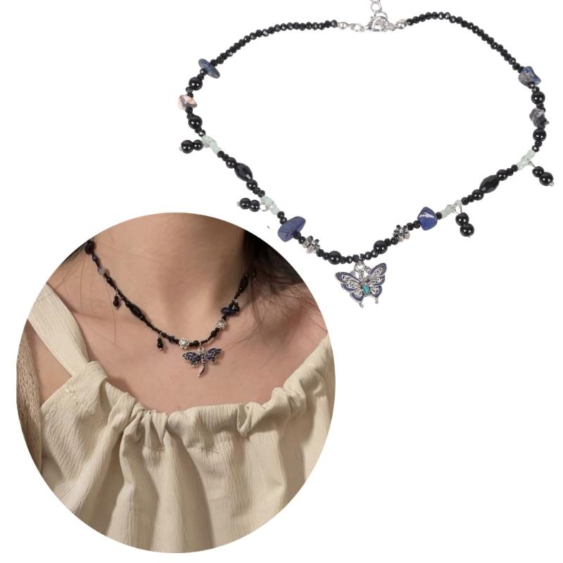 Fashion Metal Dragonflies Pendant Necklace Y2K Black Beads Chain Statement Choker Necklace for Women Club Punk Jewelry