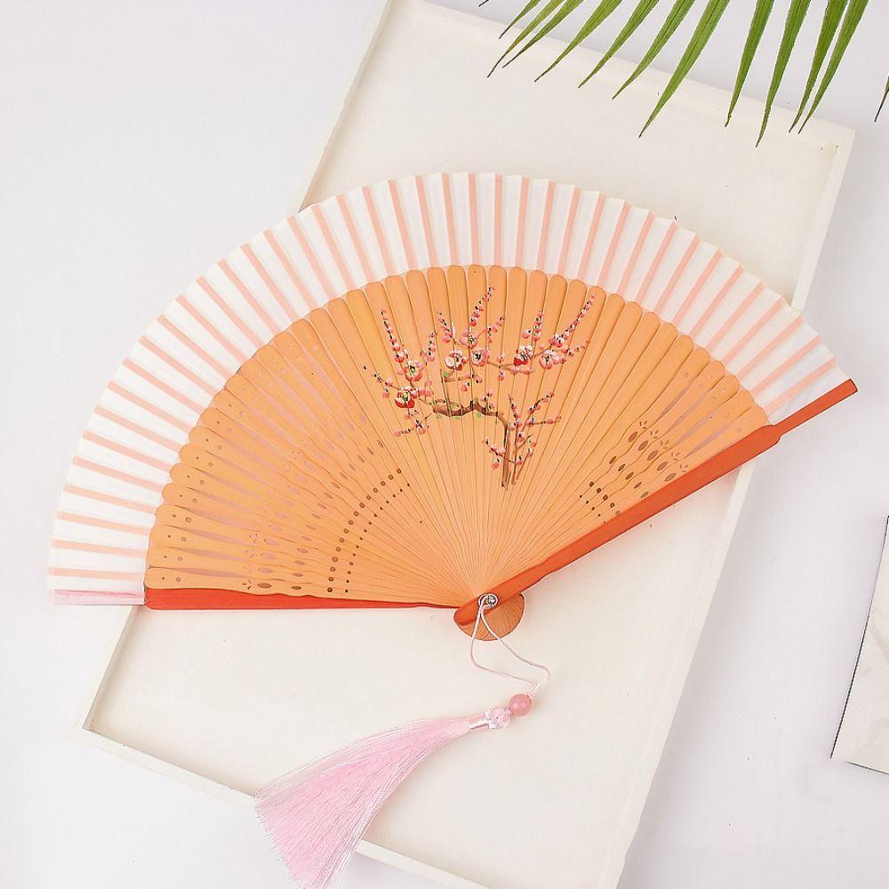 Elegant Chinese Style Folding Fan Flower Tassel Folding Fan Carved Bamboo Folding Fan  Dance Prop