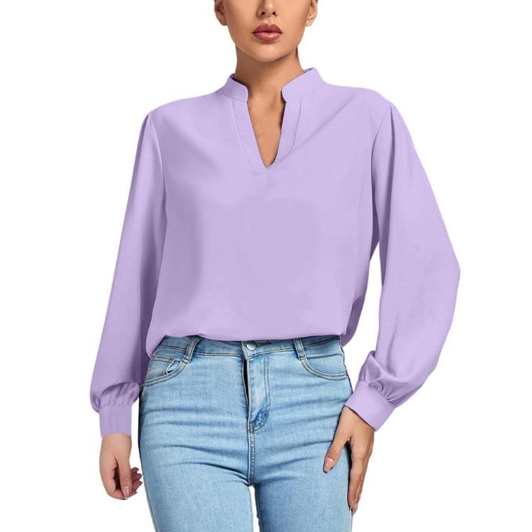 Women Work Shirt Elegant High Neck Long Sleeve Loose V-neck Top Stylish Soft Breathable Lightweight Pullover Shirt