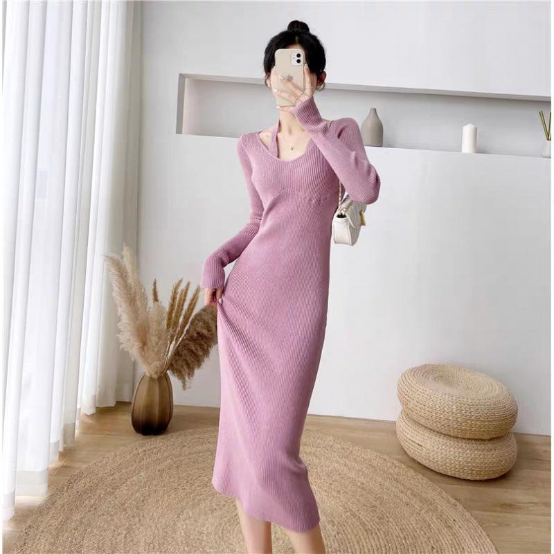 2025 Autumn/Winter Slim-Fit Knit Dress: Elegant Woolen Over-the-Knee Design