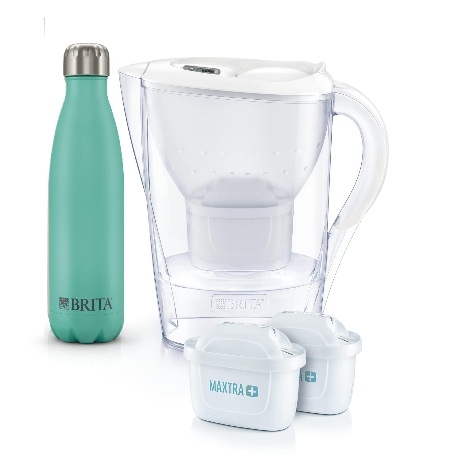 

Brita Water Purifier Pot Filtered Water Marella COOL with Stainless Steel Bottle Maxtra Plus with 2 Cartridges Japanese Pure Performance Capacity