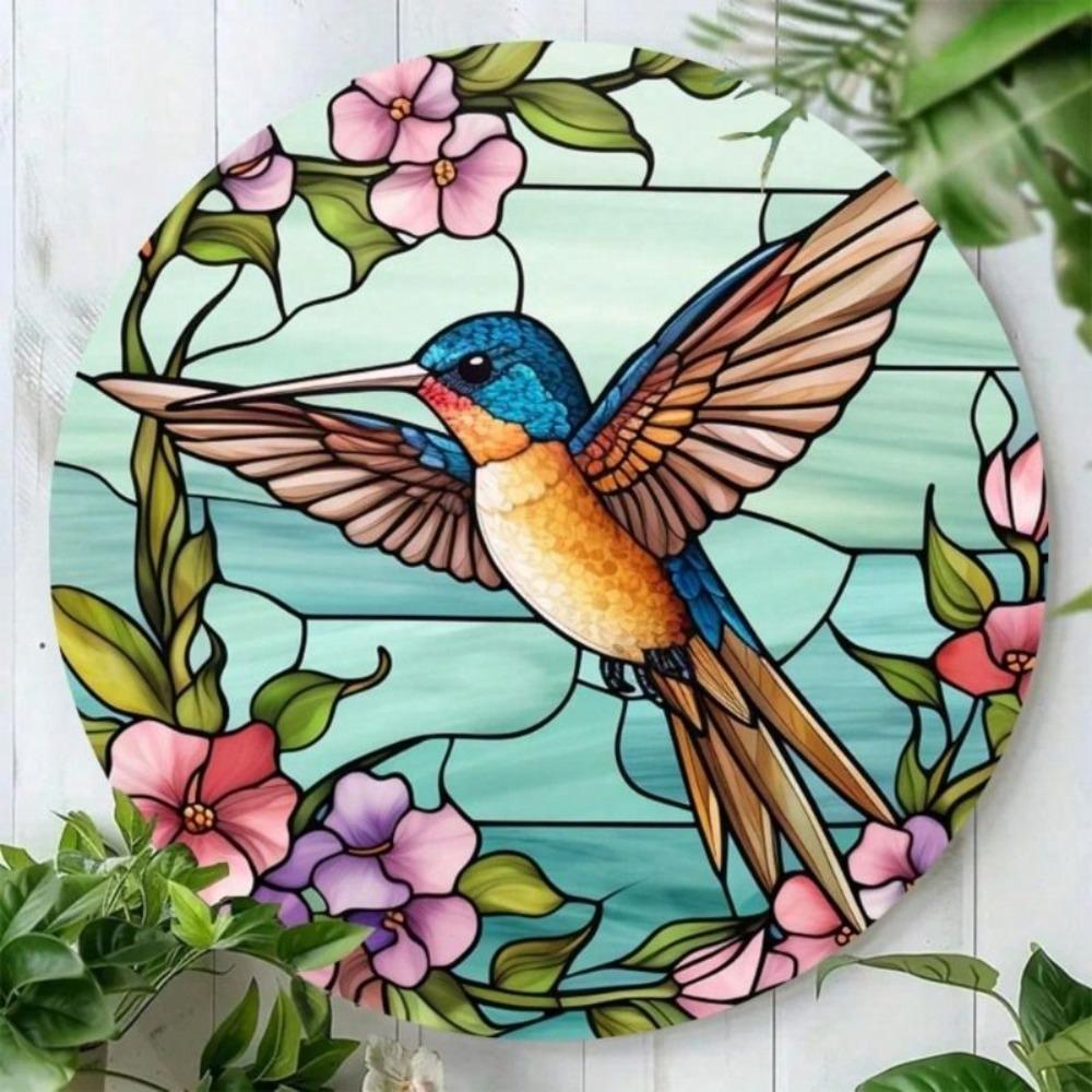 Metal Wall Art Hummingbird Flowers Poster, Aluminium 7.8x7.8 Inch for Living Room