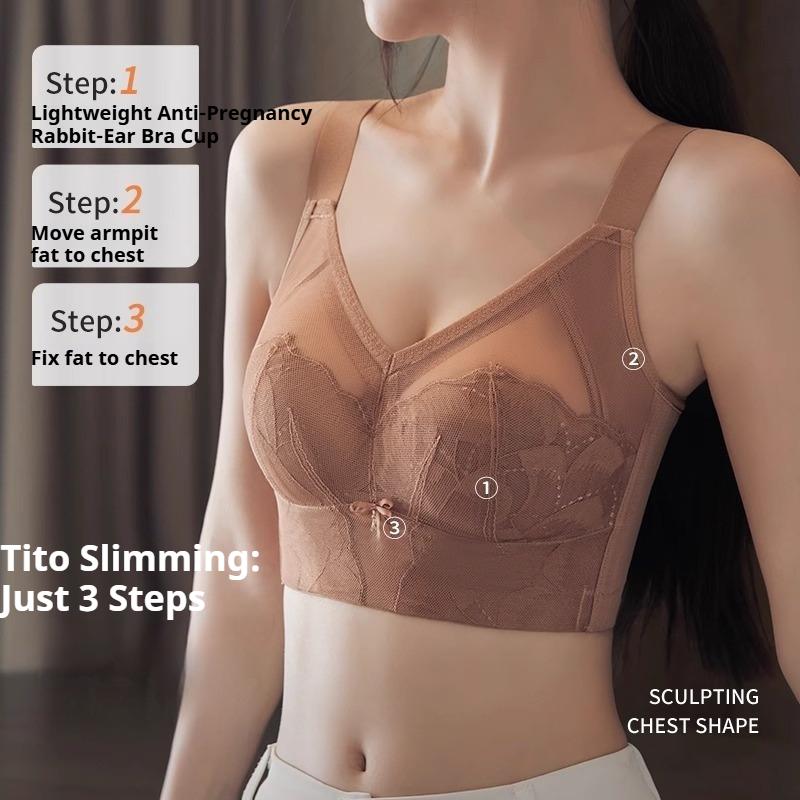 Plus‑Size Wire‑Free Lace Adjustment Bra Thin Breathable Bunny‑Ear Cup Bra Minimizer for Large Bust Gather Anti‑Sagging