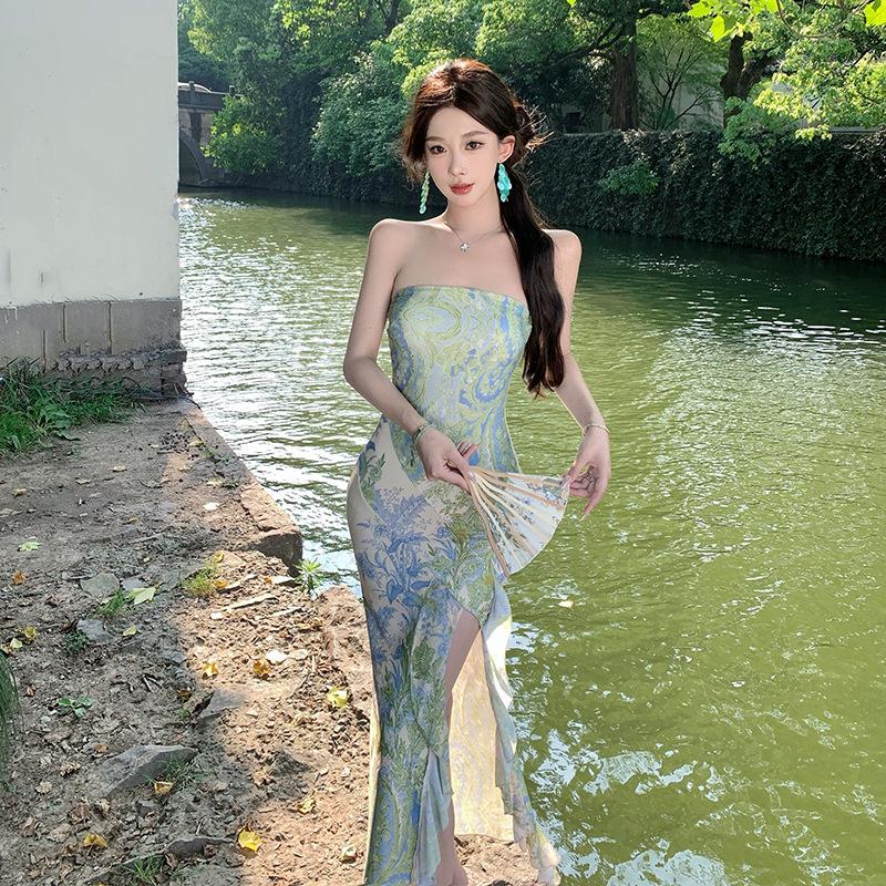 Young retro improved cheongsam new Chinese women's clothing classical green vine temperament printed beautiful tube top dress
