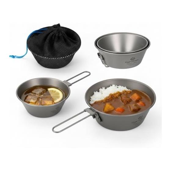 COOK N ESCAPE Shella Cup Titanium 2 Piece Set 300ml + 450ml Open Fire Compatible Made of Pure Titanium Ultra Lightweight Foldable Stackable Metal