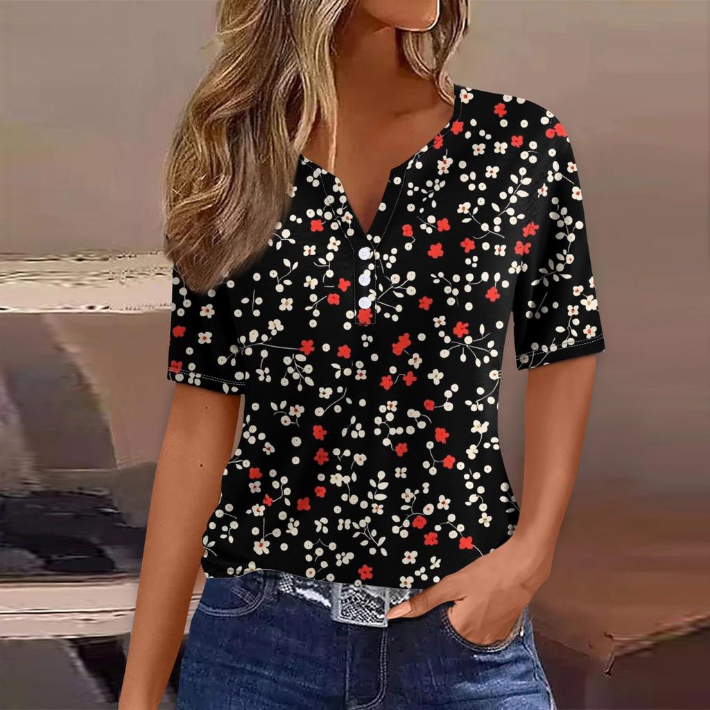 Tricou de damă Tricou imprimat cu buton cu mânecă scurtă, zilnic, la modă de weekend, de bază, cu decolteu în V, obișnuit