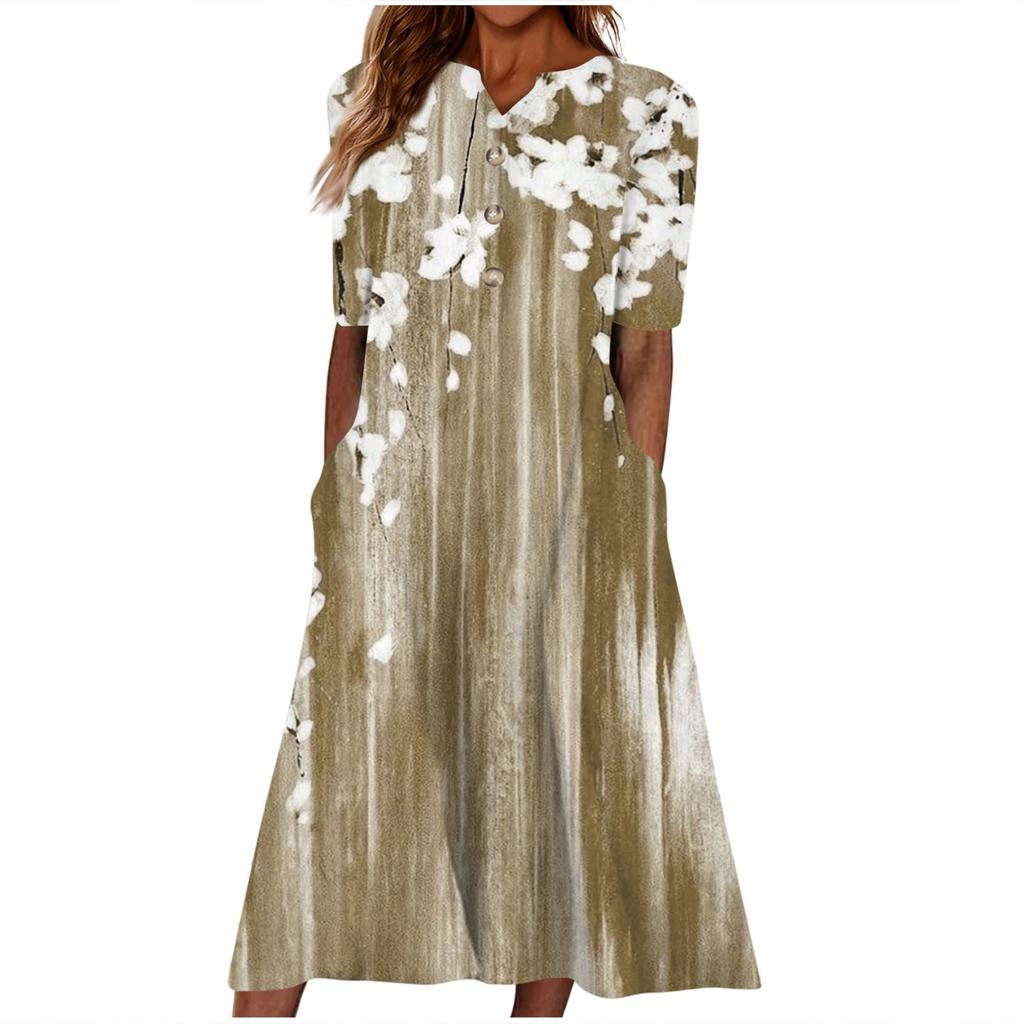 Women's Summer Casual Printed V-Neck Short-Sleeve Swing Dress