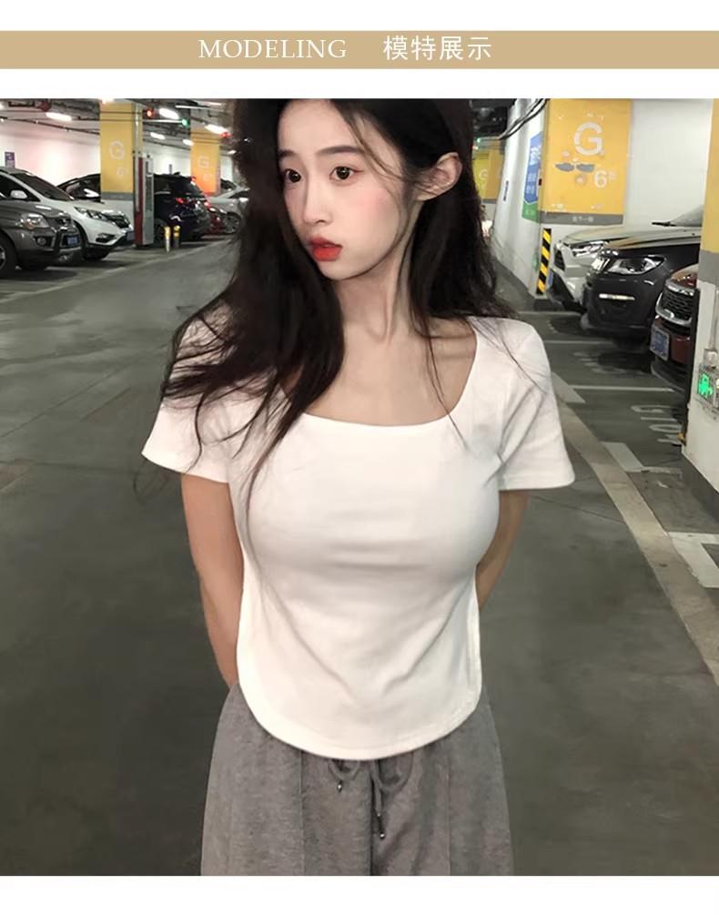 Threaded square neck curved hem short sleeved T-shirt, unique and tight fit, low neck, front shoulder, inner bottom top, JS