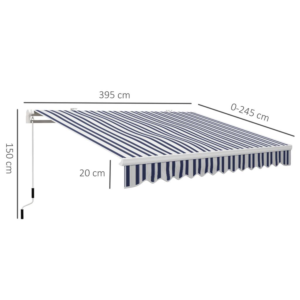 Manual Retractable Awning, 395 x 245 cm, Adjustable Angle, Anti-UV, Waterproof, Blue and White