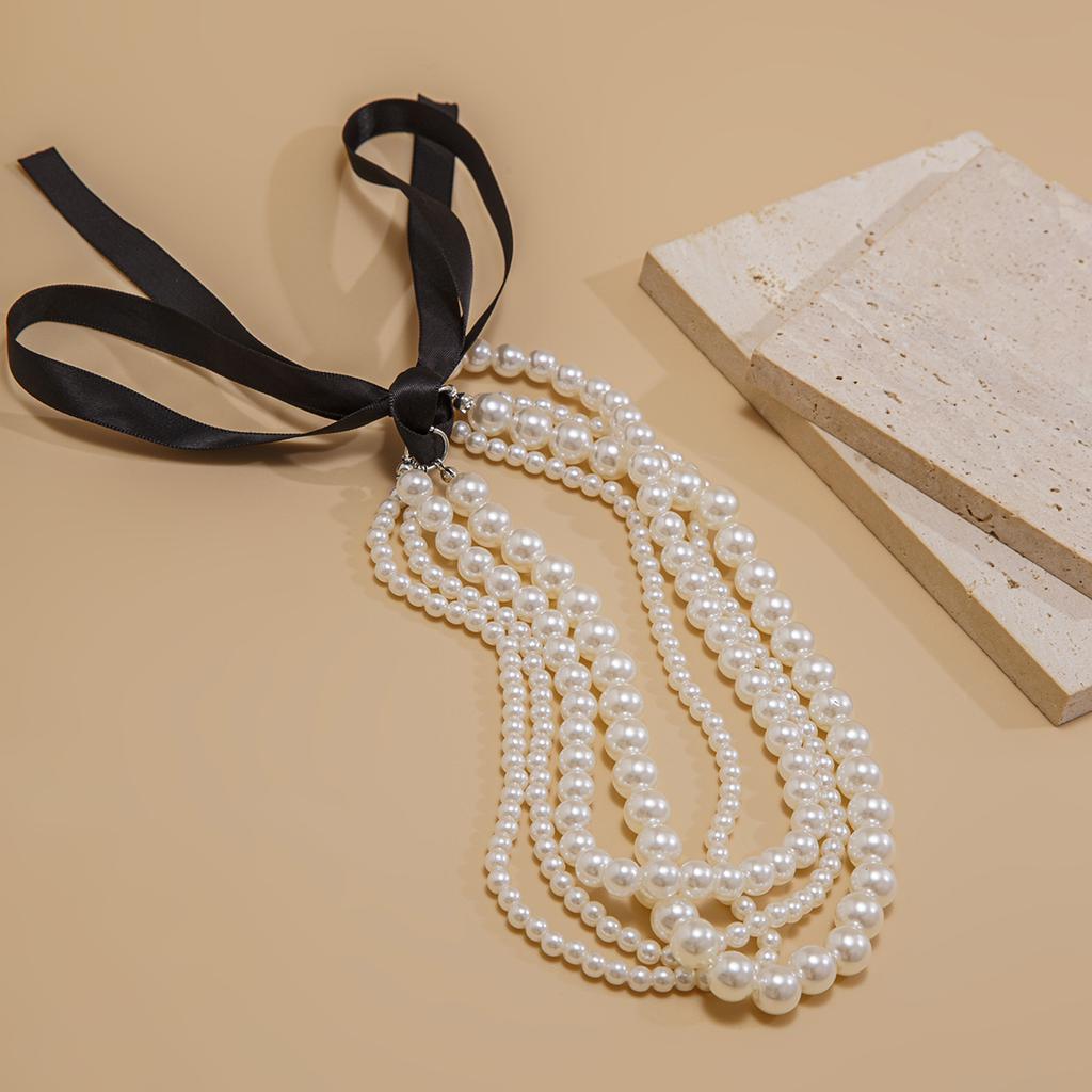 Multilayer Imitation Pearl Chain Necklace Women Ribbon Bow Choker Bridal Banquet Jewelry Accessories