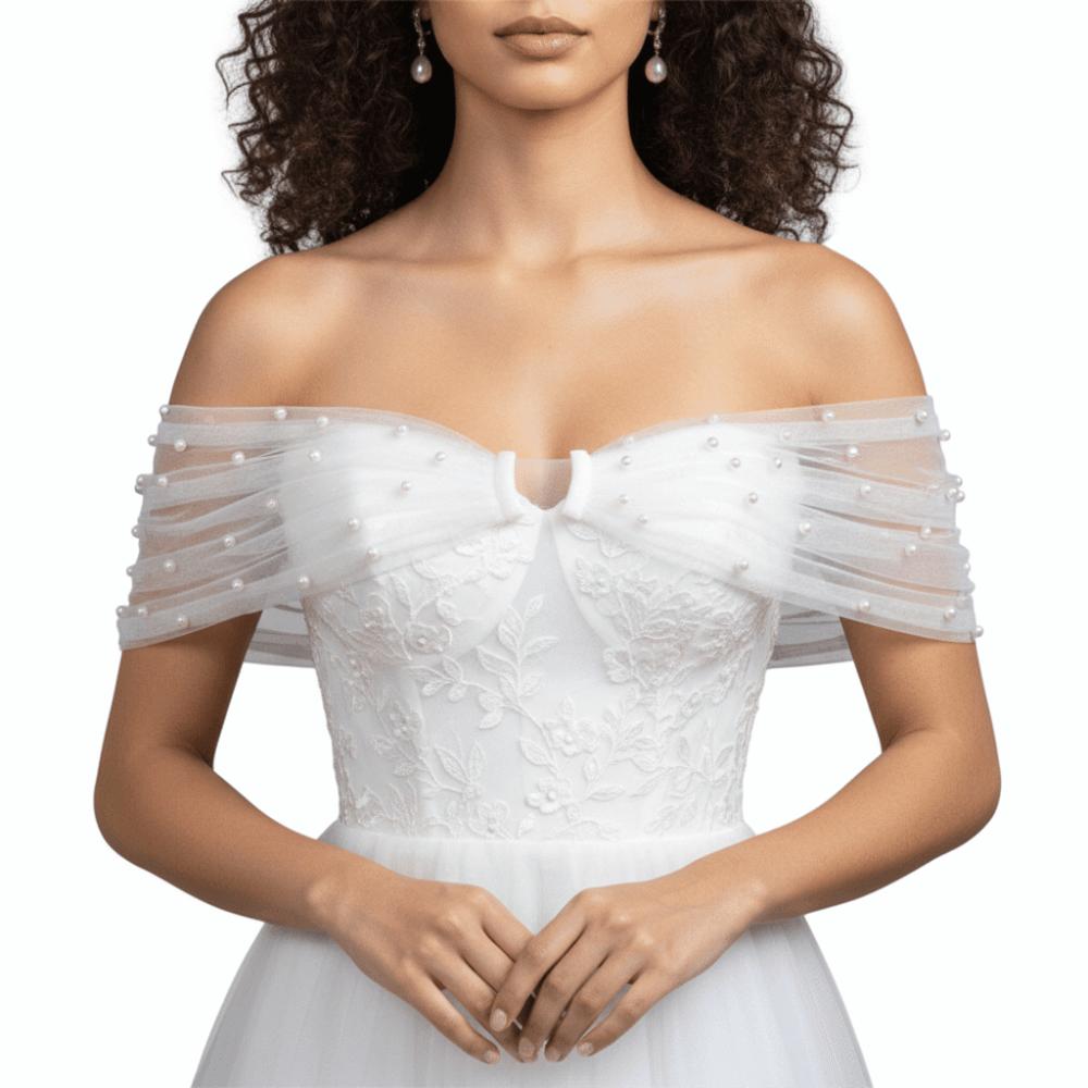 Solid Color Off Shoulder Sleeves With Pearls Detachable Shoulder Straps  Party