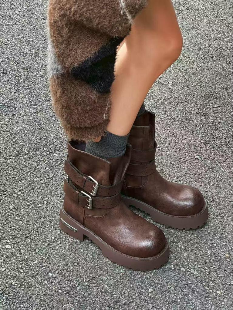 2025 Dámské podzimní/zimní boty Martin v britském stylu: Kotníkové boty na silné podrážce, s kulatou špičkou a zeštíhlující přezkou v pase