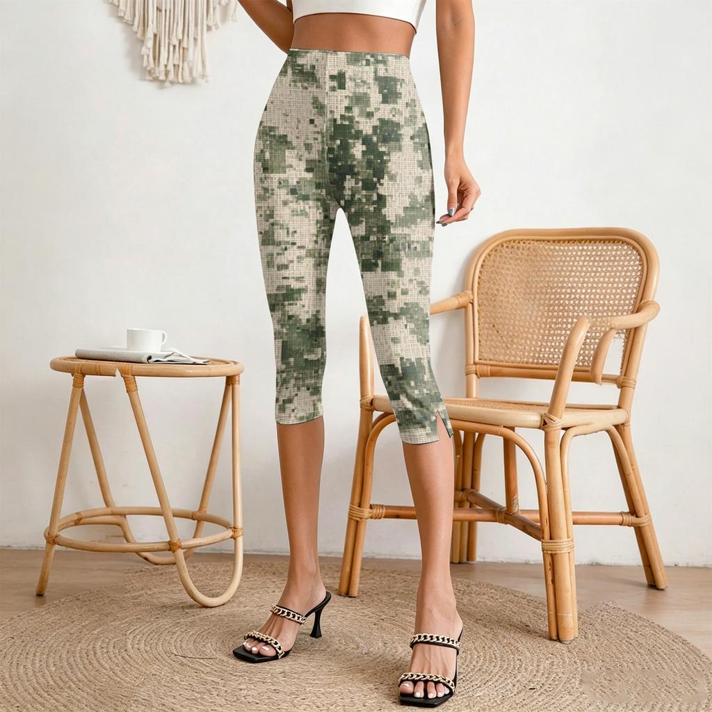 Women's Elastic Waist Casual Capri Pants Slim Fit Open Side Slit Cropped Trousers Stretch Fabric Lightweight Design
