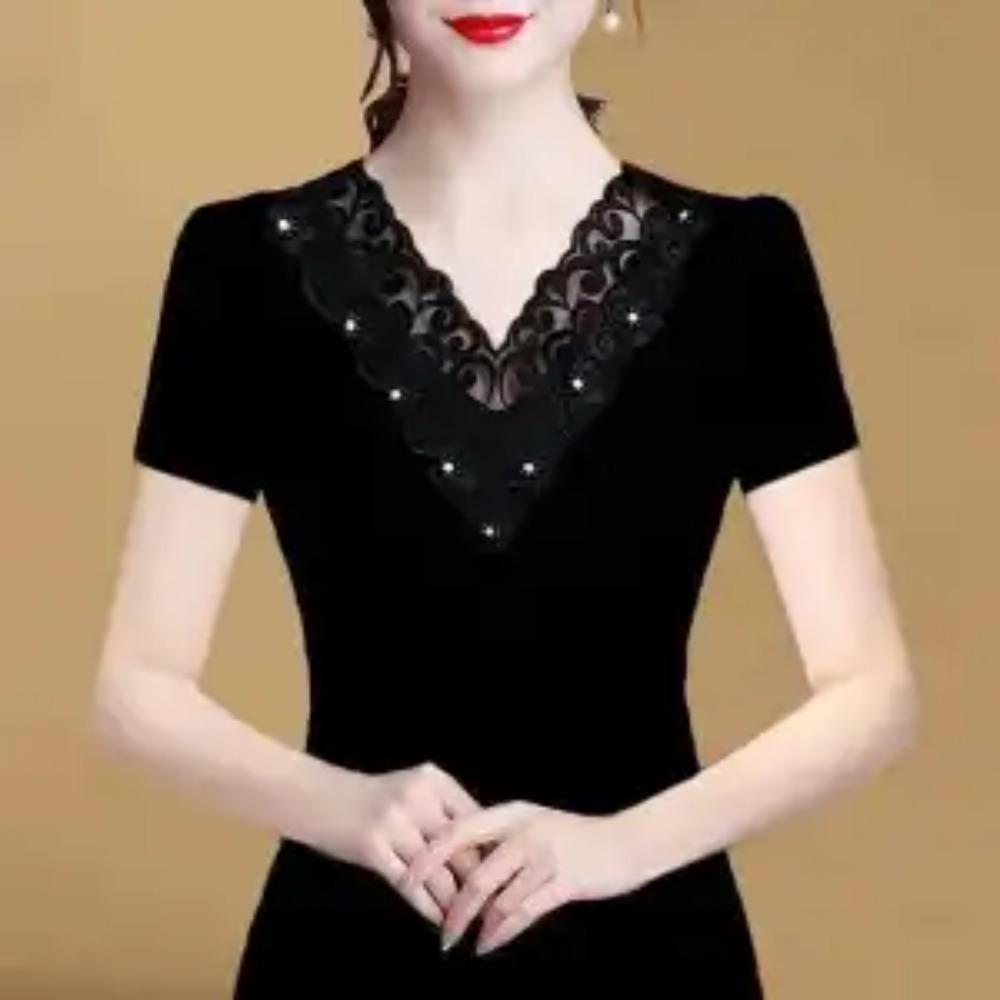 Elegant Black & Golden Floral Lace Beaded Embroidery Blouse Sheer Short Sleeve Fitted Summer Top for Women