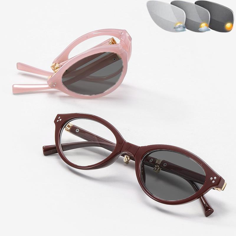 Oval Frame Foldable Photochromic Myopia Glasses Women Portable Ultralight Anti-Blue Light Color Changing Near Sight Eyeglasses