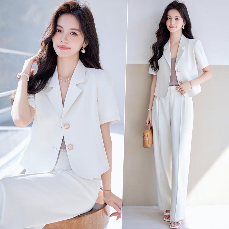 Women's Petite Summer Short Sleeve Blazer & Pants Suit Set