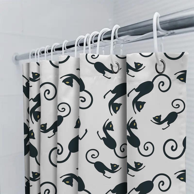 Black Cat Print Shower Curtain With White Background Bathroom Decor