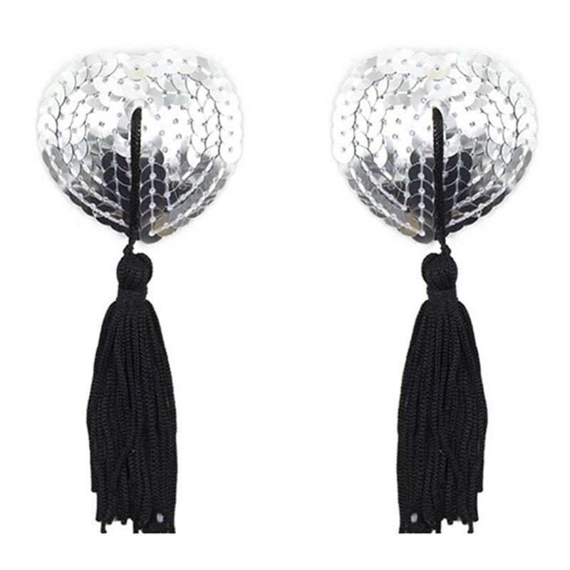 Heart-Shaped Sequined Nipple Covers with Tassels - Silicone Pasties Lingerie Accessories