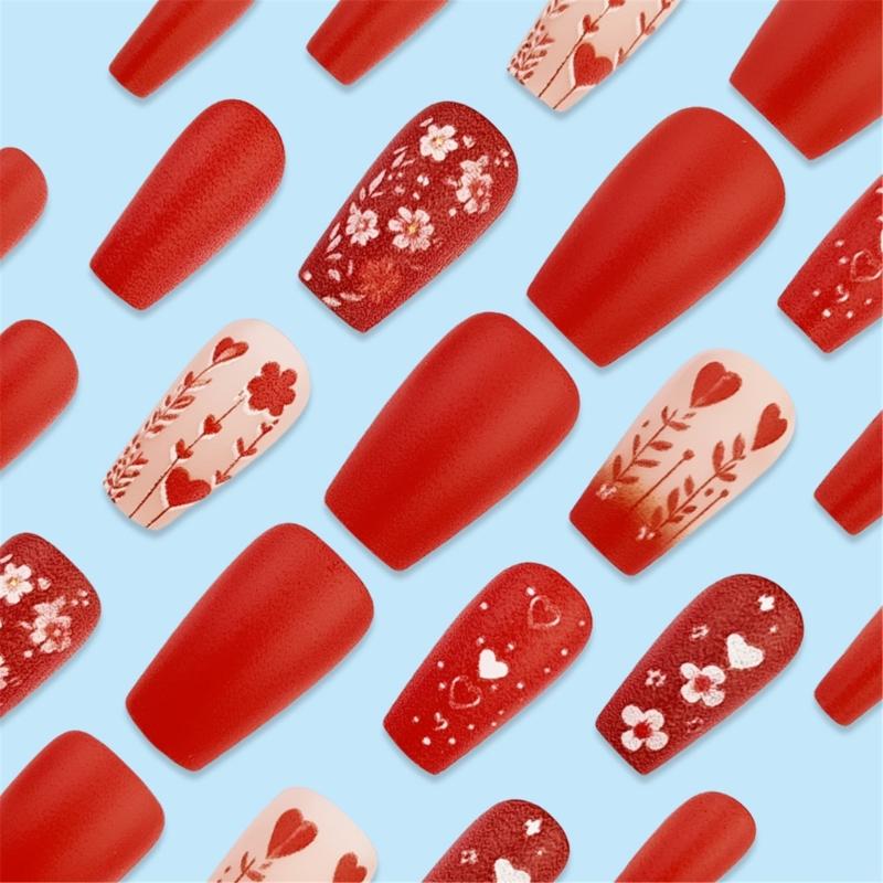 24 Pcs Flowers False Nail Valentines Day Press On Nail New Year Acrylic Nail Glossy Heart Full Cover Stick on Nail