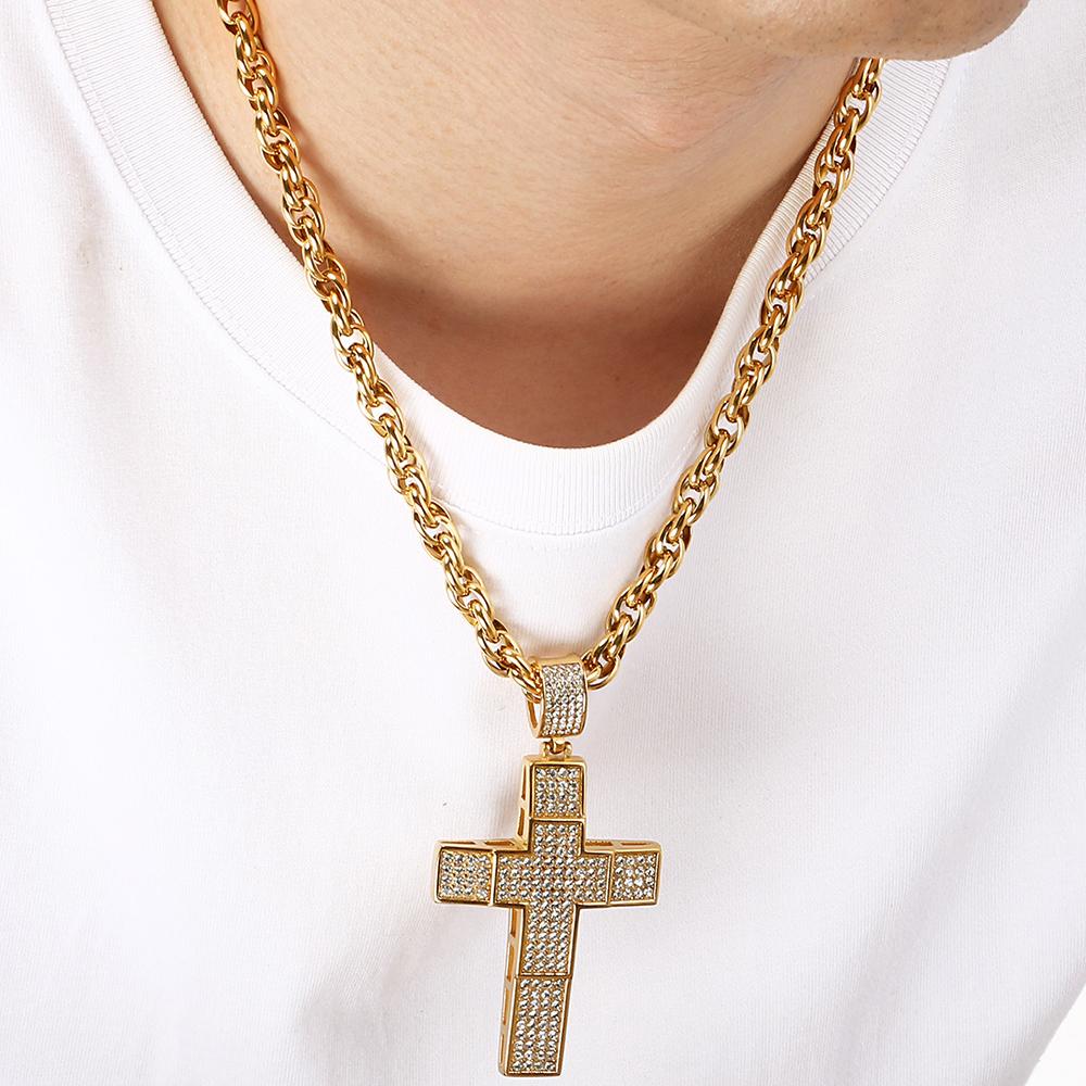 Hip Hop 316L Stainless Steel & Full CZ Cross Pendant Necklace Man Double Layer Hollow Cross Jewelry Gifts Trend Necklaces