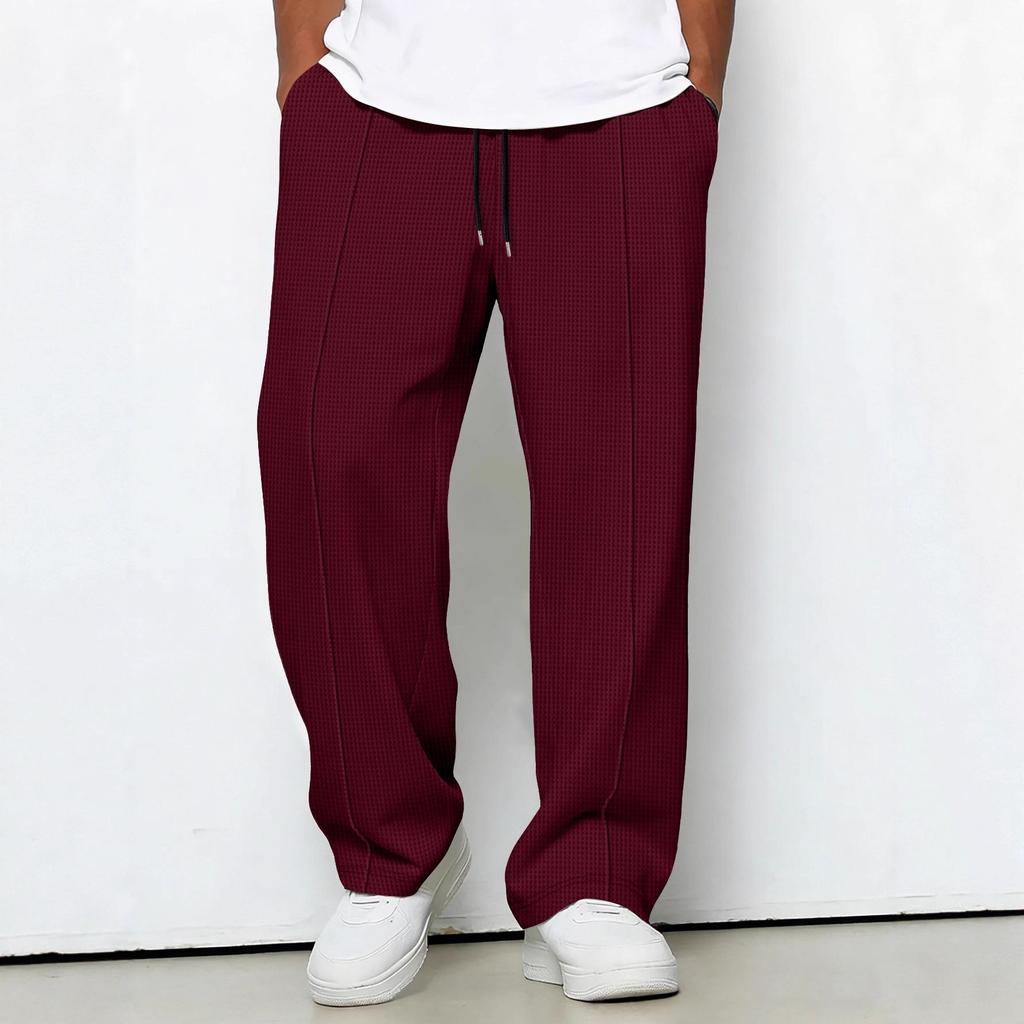 2026 Autumn Men's Solid Color Waffle Lace Trousers Loose Casual Sports Straight Pants