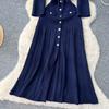 French gentle wind niche heavy industry hollowed crochet knitted dress women's autumn metal buckle waist split long dress