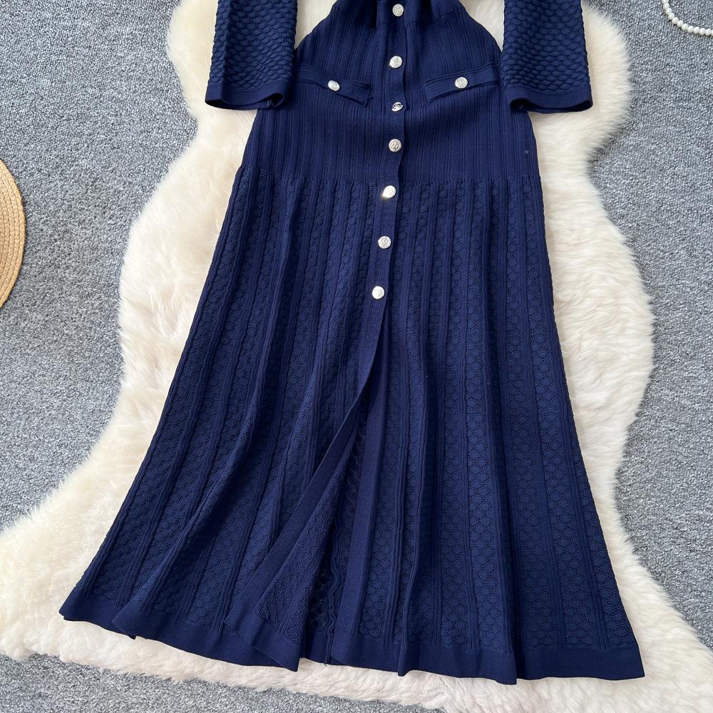 French gentle wind niche heavy industry hollowed crochet knitted dress women's autumn metal buckle waist split long dress