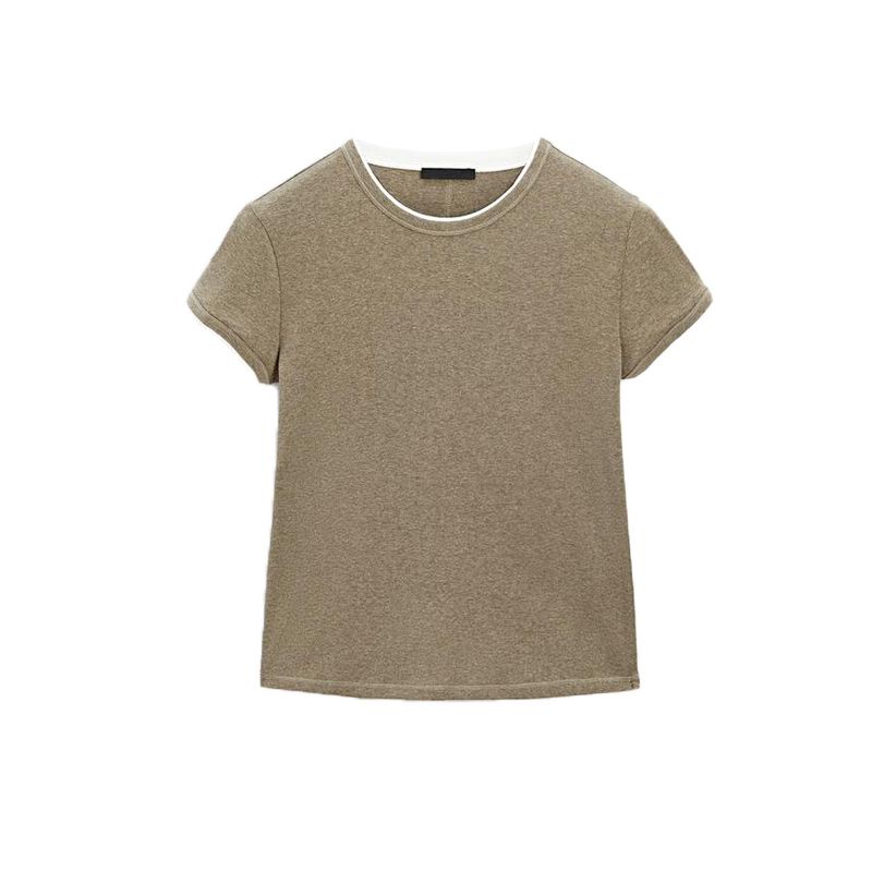 MD Summer New Product Women's Clothes Minimalist Style Cotton Rib Stitching Short round Neck Short Sleeve T-shirt Top 6234518