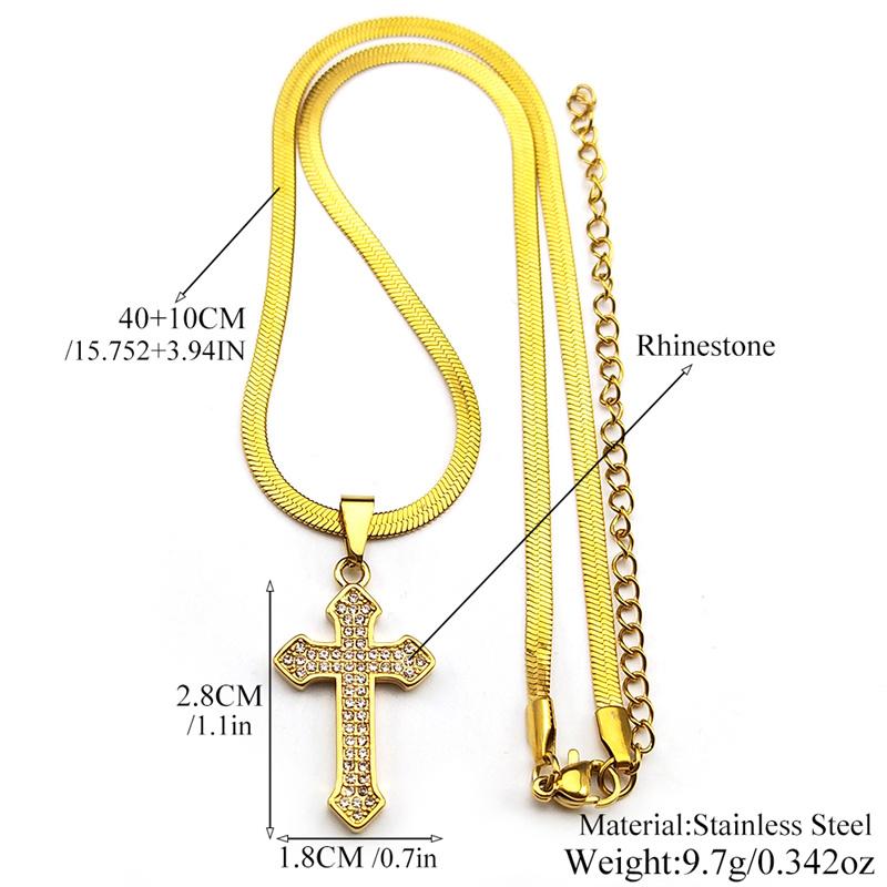 Christian Cross Rhinestones Pendant Necklace for Women Men Gold Color Stainless Steel Catholic Blade Chain Amulet Jewelry