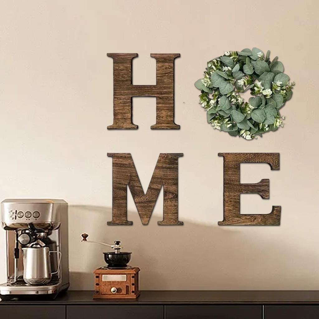 Home Sign Wooden Wall Home Sign Rustic Decor with Artificial Eucalyptus Wreath for Kitchen Living Room Holiday Party Entryway