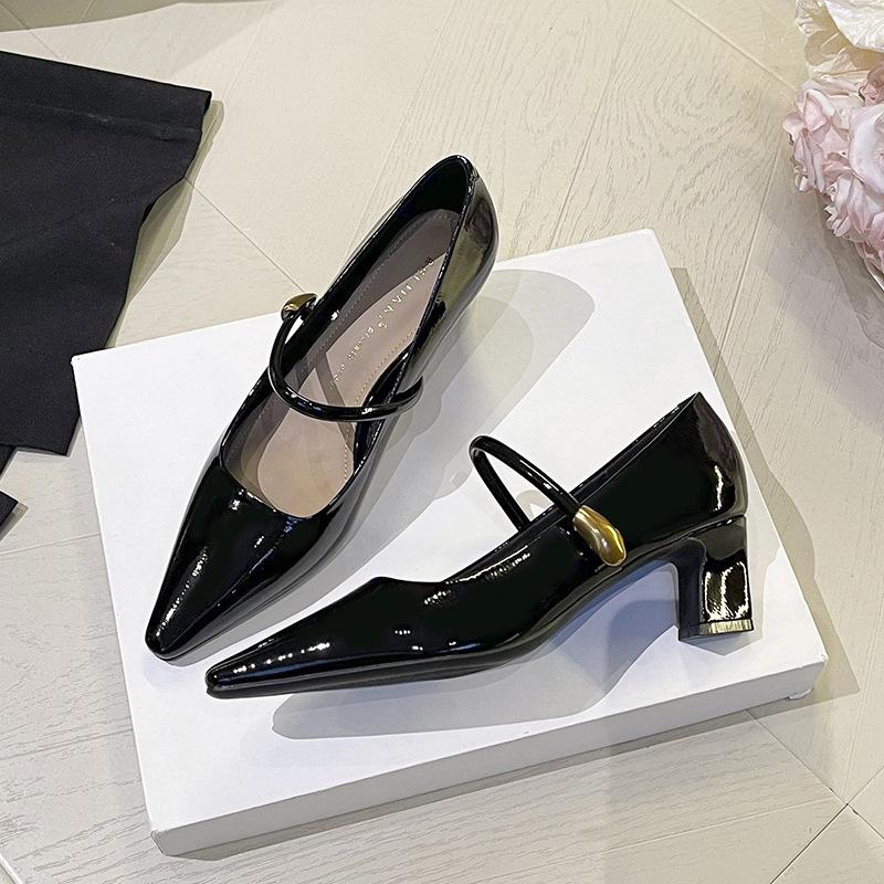 Retro patent leather square head temperament word with high heels women's thick heel single shoes medium heel not tired feet