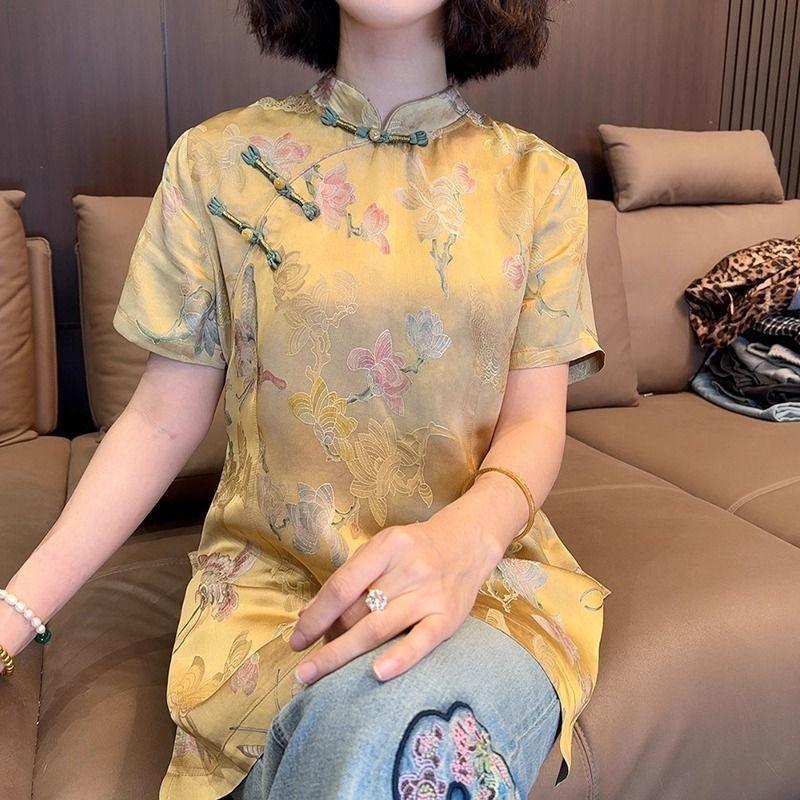 2025 summer retro luxury yellow printed shirt mother style daily wear shirt
