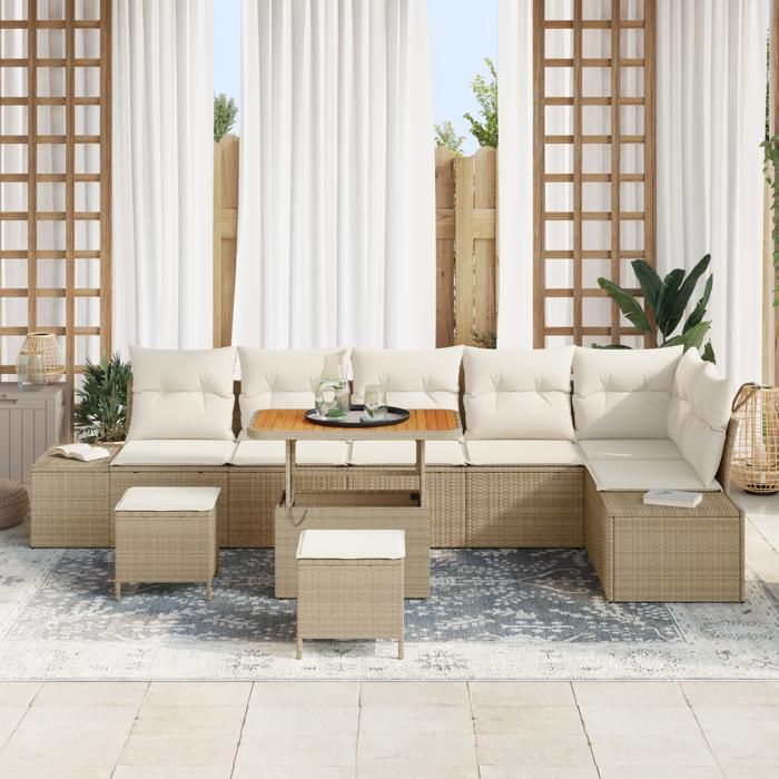 VidaXL 9-Piece Garden Sofa Set with Beige Cushions In Poly Rattan Acacia 3364756