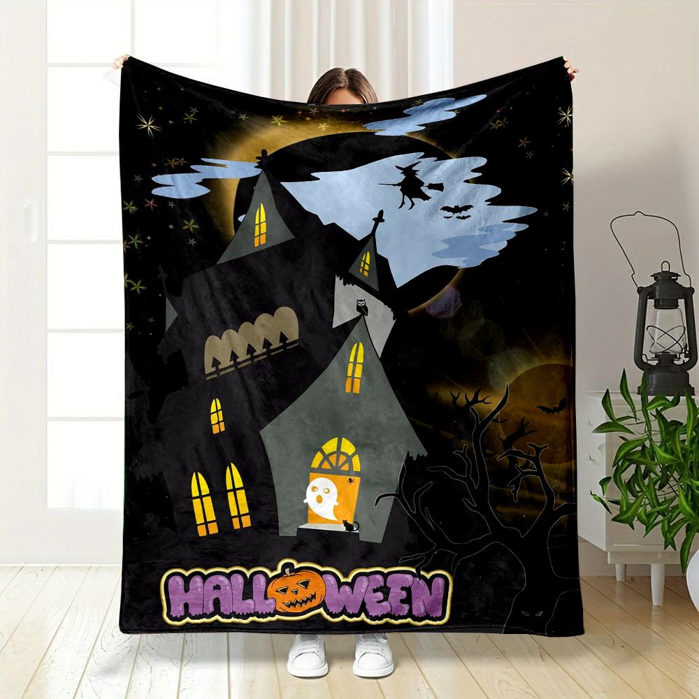 "Haunted House with Ghost and Witch" Patterned flannel blanket perfect for the bedroom living room, sofa, or a little nap