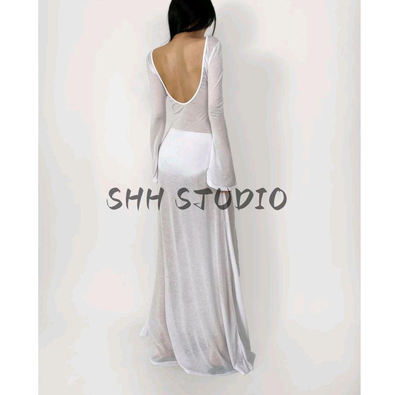 Summer New Product Women's Clothes Seaside Vacation Style Bikini Match Long Sleeves Open Back See-through Blouse Long Dress