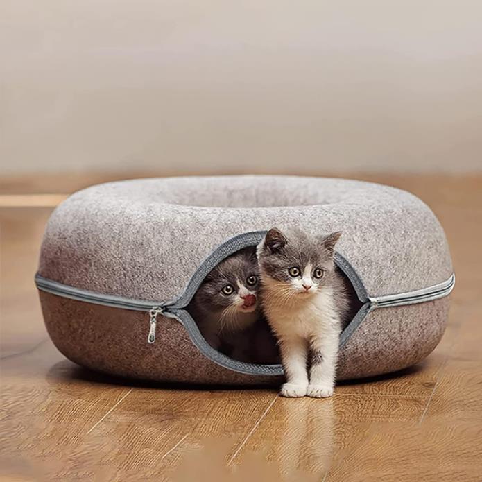 Round Tunnel Cat Bed Comfortable Donut House - light gray