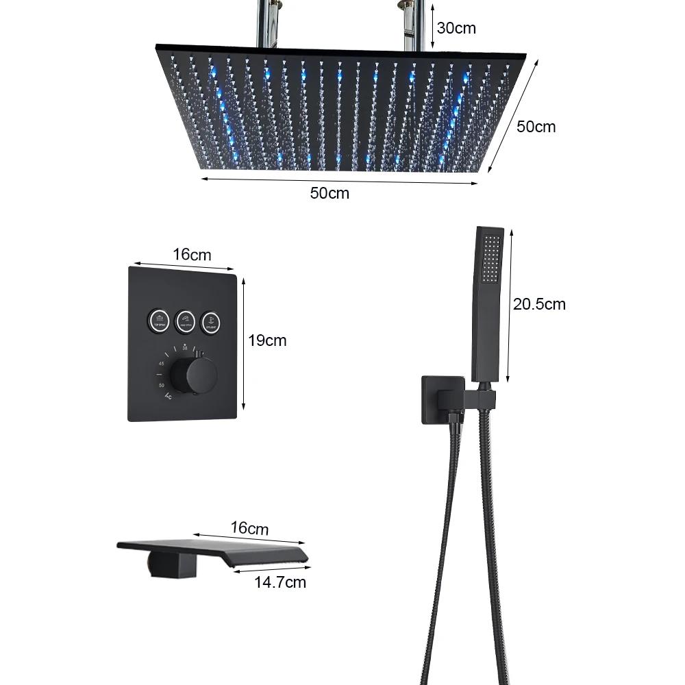 Matte Black LED Thermostatic Shower Faucet 40*80 Large Rain Waterfall Shower System Button Control 3Ways Mixer Installation Arm