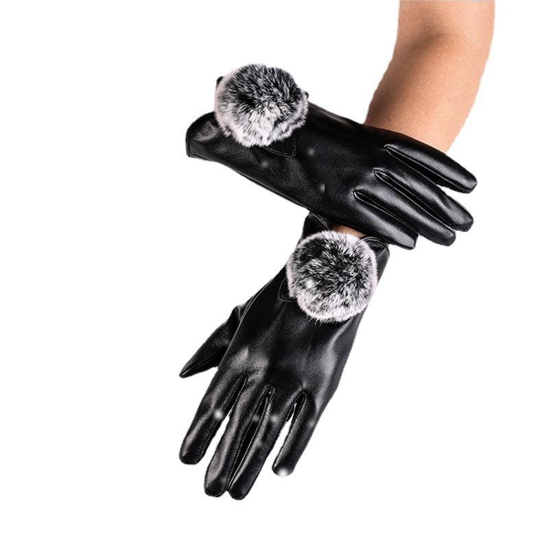 Autumn and winter warm gloves women's rabbit hairball thickened and velvet cold-proof fashionable and cute cycling leather touch screen gloves