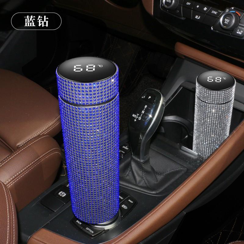 Stainless Steel Temperature Display Insulated Tumbler With Rhinestone Decor 500ml Straight Design Travel Cup Office Car