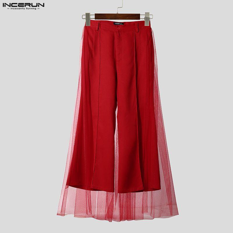 INCERUN Pantaloni a zampa casual da uomo a vita alta con cerniera, doppio strato, patchwork in rete