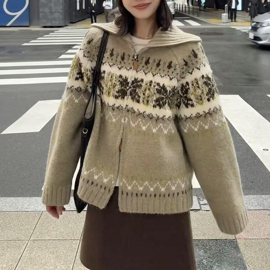 Sw Icelandic Wool Blend Fair Isle Color Blocked Cardigan Sweater Women's Winter New Style Zipper Knit S4MY064