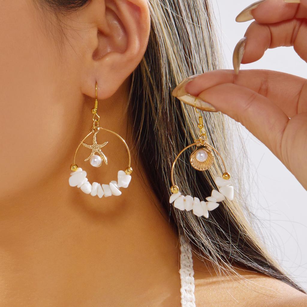 Asymmetrical starfish shell colorful gravel large circle earrings, summer dopamine sweet vacation wind beach earrings