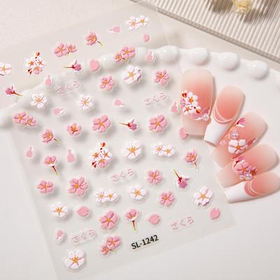 Růžové třešňové květy 5D reliéfní samolepky na nehty - Malé květinové DIY ozdoby SL styl